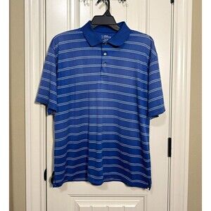 PGA TOUR Men XL Blue White Striped Golf Polo Shirt Short Sleeve Moisture Wicking